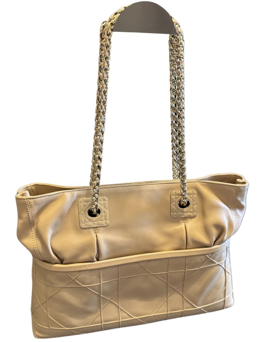 Dior Cannage Tan Leather Granville with Gold Tone Chain Link Bag